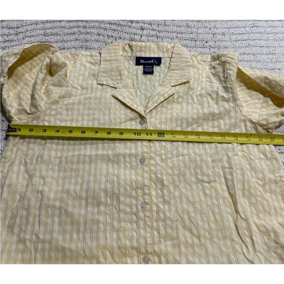 Denim & Co Button Up Shirt Butter Yellow White Plaid Womens Sz Medium Ruffle Hem - Picture 5 of 7